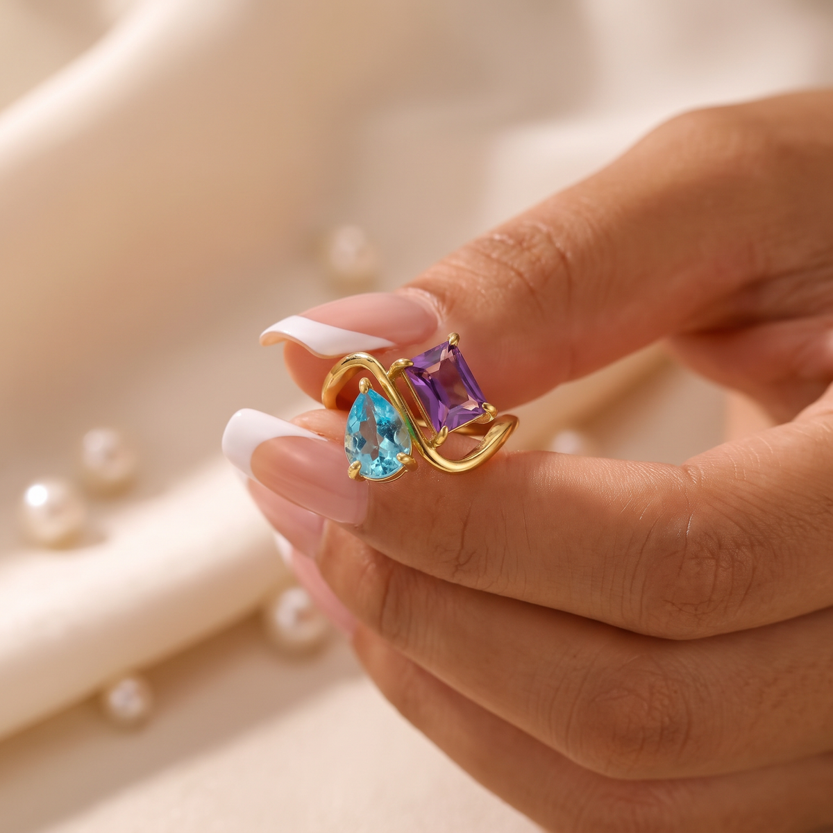 Toi et Moi Ring mit 2 Geburtssteinen - Birthia gewellt
